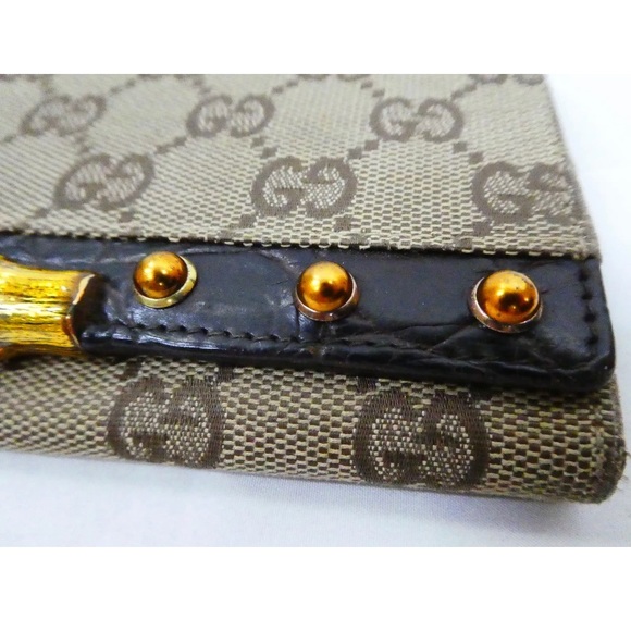Authentic GUCCI GG Monogram Bamboo Brown/Gold Canvas Bifold Wallet 129166-2778 - Picture 8 of 14
